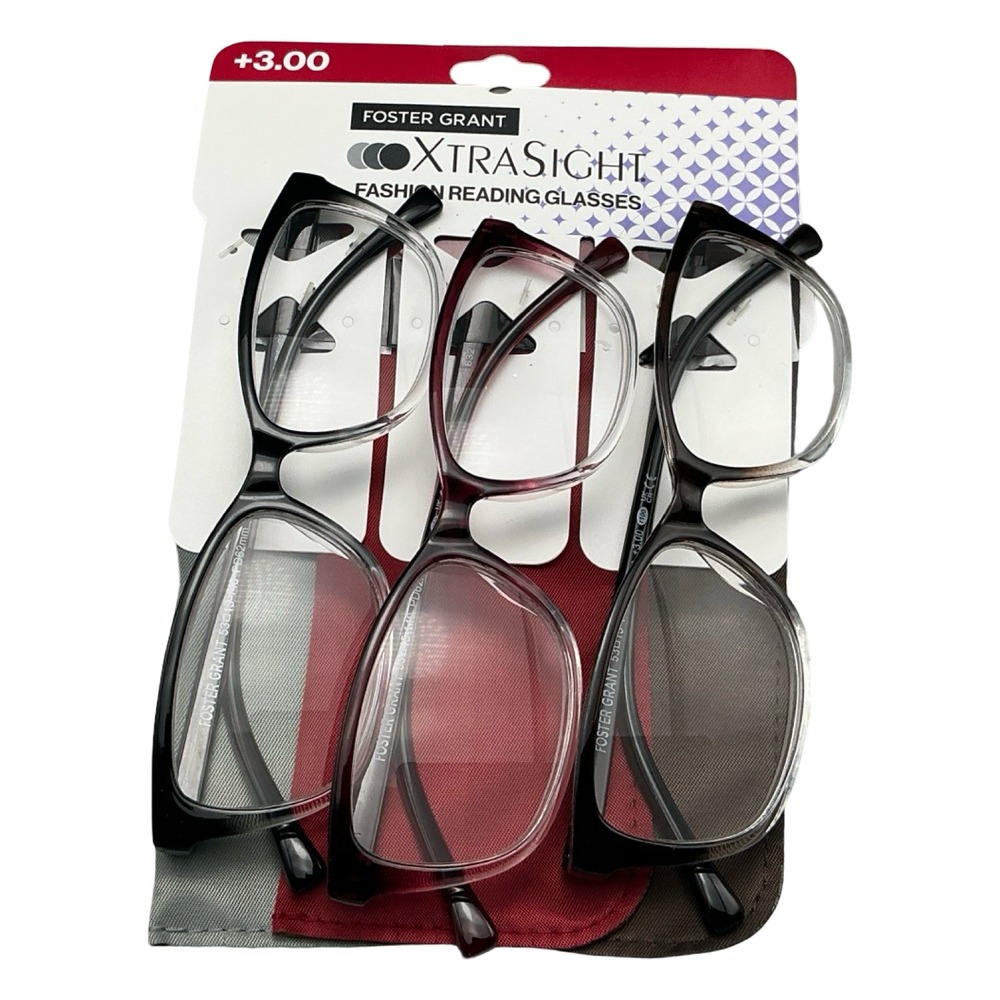 Foster Grant XtraSight Fashion Reading Glasses 3 Pack +3.00 Black Burgundy Brown